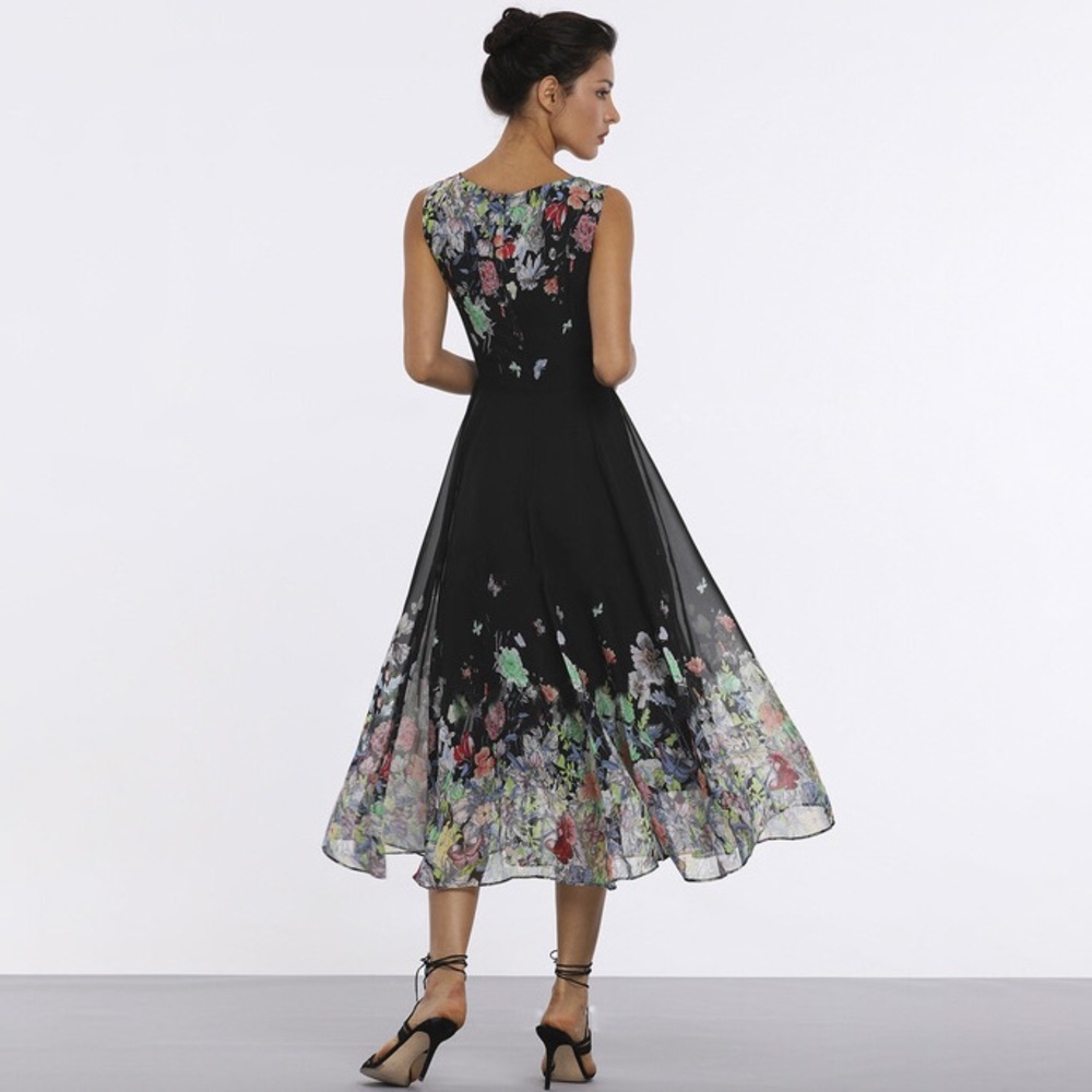 Floral Boat Neckline Sleeveless Midi A-line Dress - Picture 3 of 8
